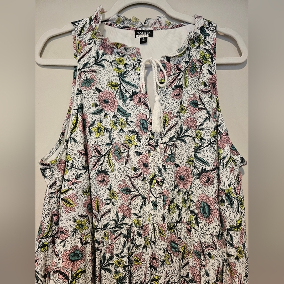 Torrid Size 2X Midi Wash Gauze Tiered Dress White Pink Chessie Linework Floral - Picture 3 of 10